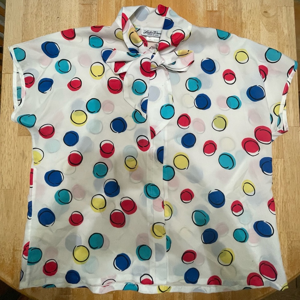 Vintage Colorful Polka Dot Blouse with Bow